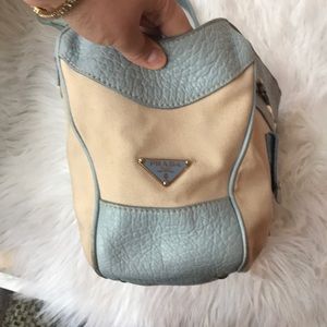 Vintage Prada canvas and light blue leather shoulder bag